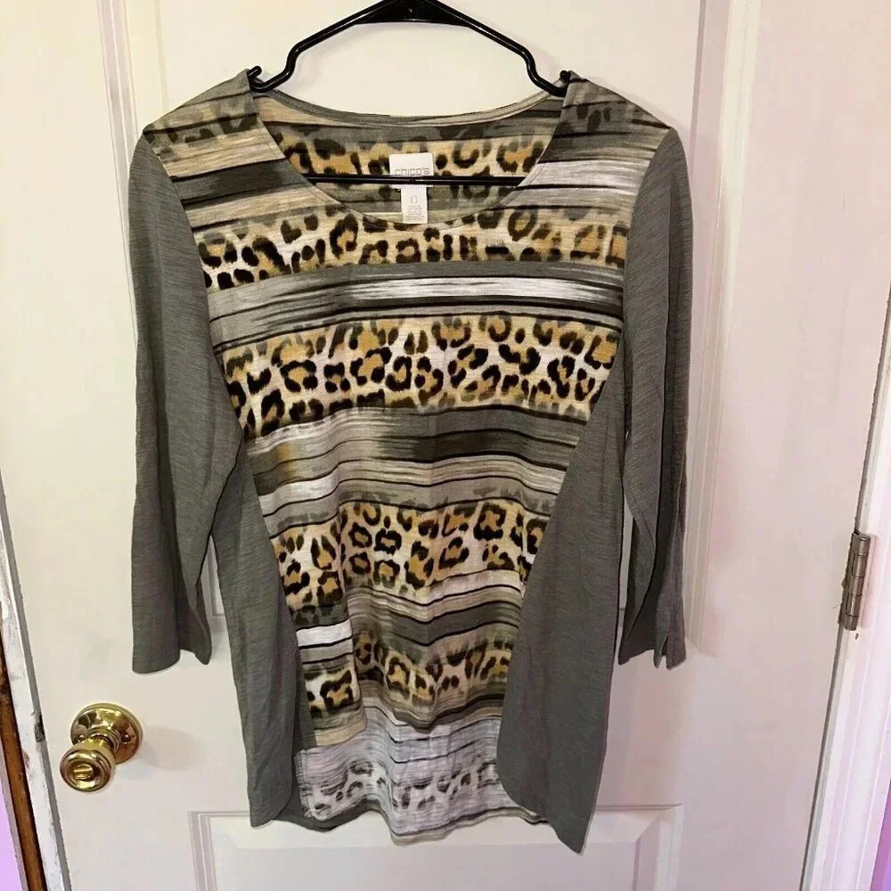 Chico's Striped Animal Print 3/4 Sleeve Tee Olive Green Sz XS (Chico's 0)